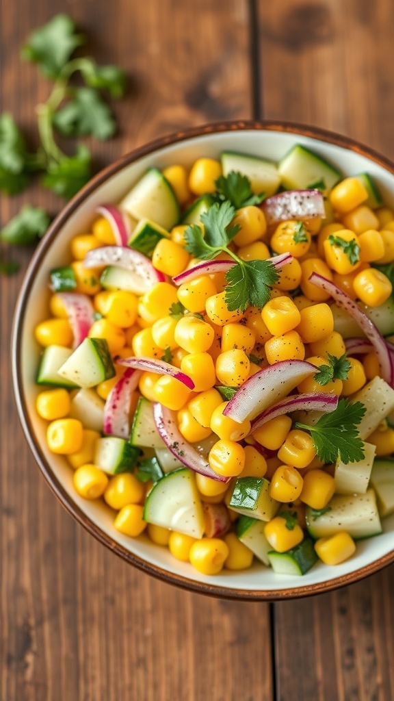 A colorful corn and cucumber salad with corn kernels, diced cucumber, red onion, and cilantro in a bowl on a wooden table.